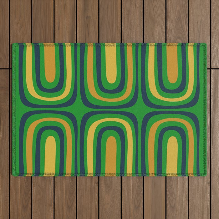 Midcentury Modern Confaab Abstract Vertical Pattern Green Mustard Navy Blue Outdoor Rug Gallery Image 1