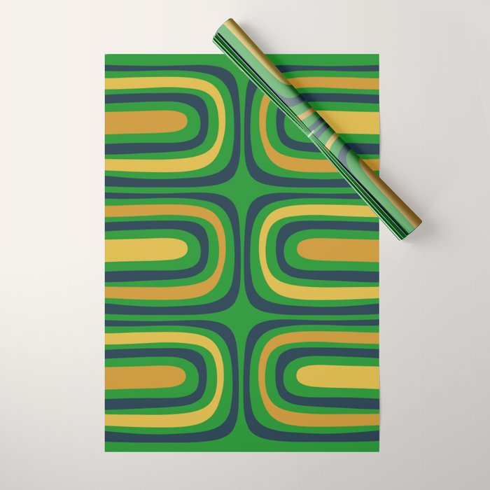 Midcentury Modern Confaab Abstract Vertical Pattern Green Mustard Navy Blue Wrapping Paper Gallery Image 1