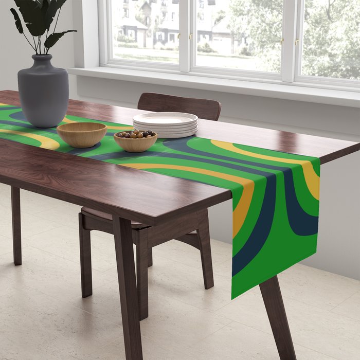 Midcentury Modern Confaab Abstract Vertical Pattern Green Mustard Navy Blue Table Runner Gallery Image 2