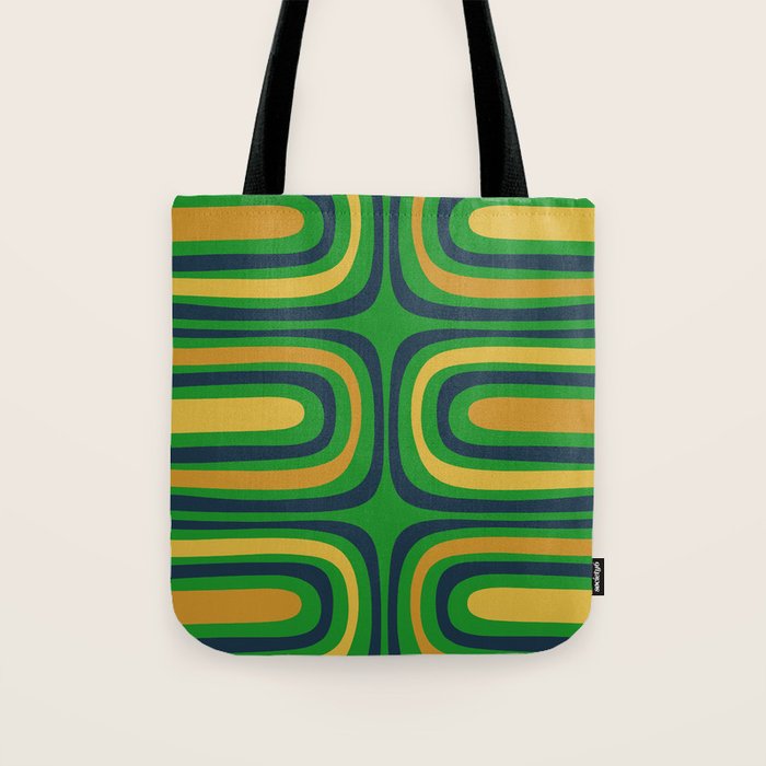 Midcentury Modern Confaab Abstract Vertical Pattern Green Mustard Navy Blue Tote Bag Gallery Image 1