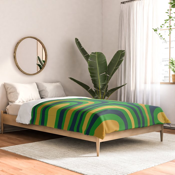 Midcentury Modern Confaab Abstract Vertical Pattern Green Mustard Navy Blue Comforter Gallery Image 2