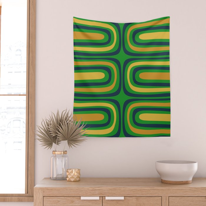 Midcentury Modern Confaab Abstract Vertical Pattern Green Mustard Navy Blue Wall Tapestry Gallery Image 2
