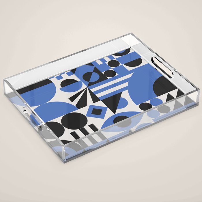 Bauhaus Mid Century Abstract Shapes black and blue  Acrylic Tray Gallery Image 1
