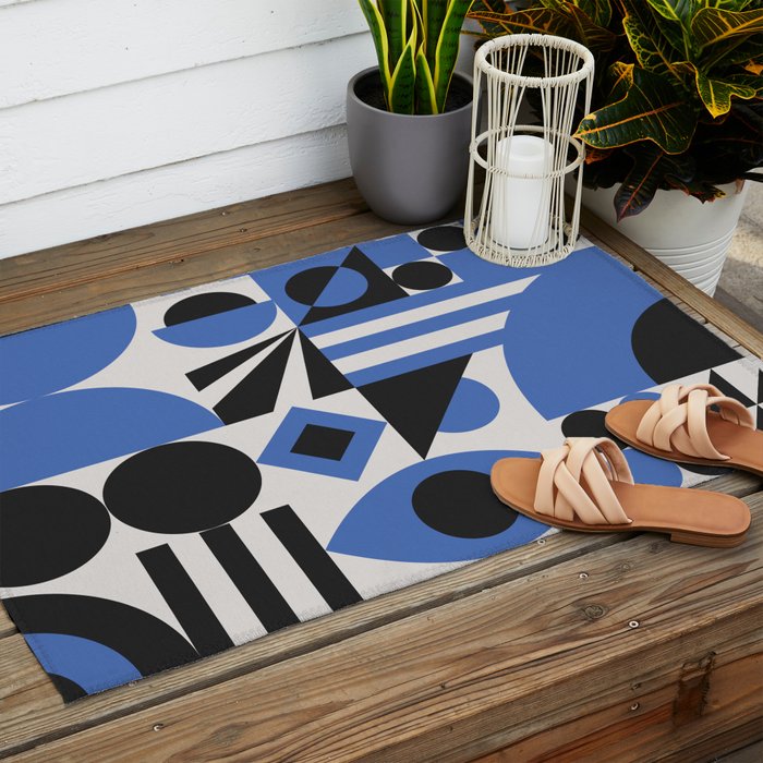 Bauhaus Mid Century Abstract Shapes black and blue  Outdoor Rug Gallery Image 2