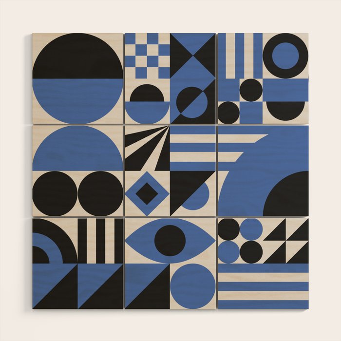 Bauhaus Mid Century Abstract Shapes black and blue  Wood Wall Art Gallery Image 1