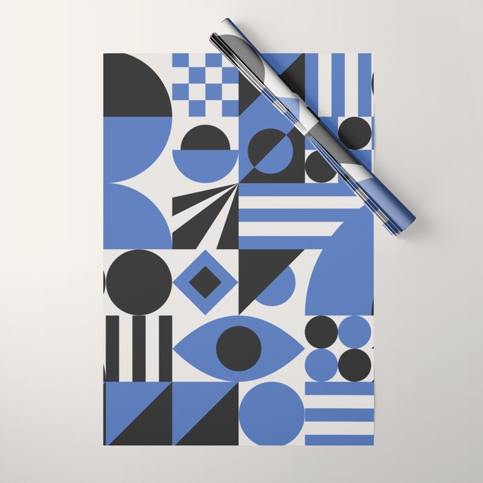 Bauhaus Mid Century Abstract Shapes black and blue  Wrapping Paper Gallery Image 1
