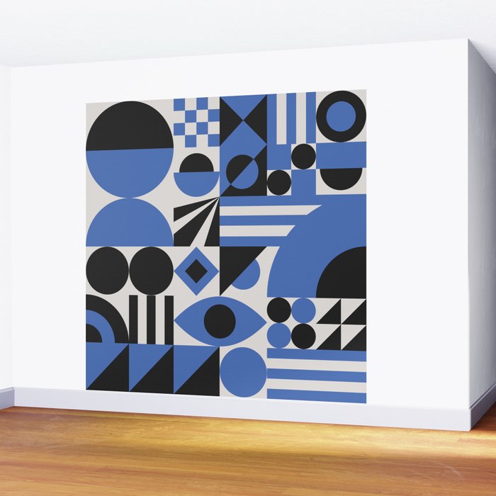 Bauhaus Mid Century Abstract Shapes black and blue  Wall Mural Gallery Image 2