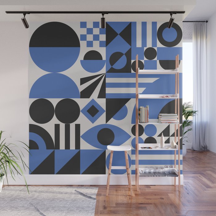 Bauhaus Mid Century Abstract Shapes black and blue  Wall Mural Gallery Image 1