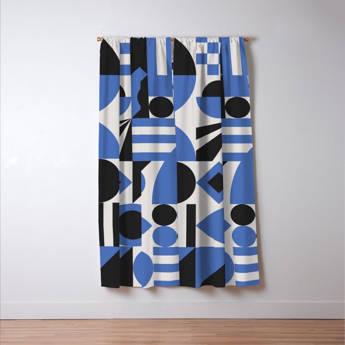 Bauhaus Mid Century Abstract Shapes black and blue  Window Curtain Gallery Image 3