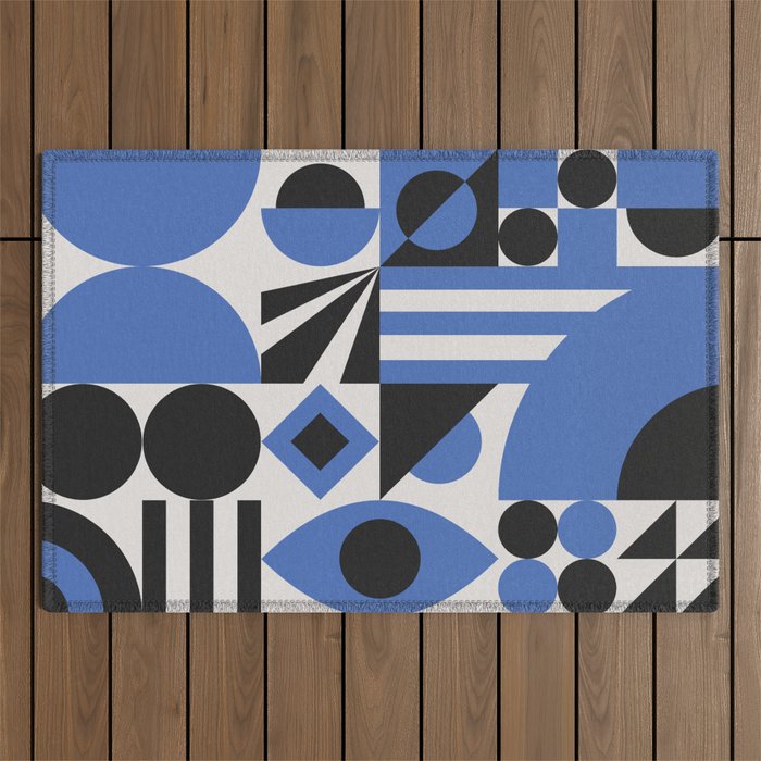 Bauhaus Mid Century Abstract Shapes black and blue  Outdoor Rug Gallery Image 1