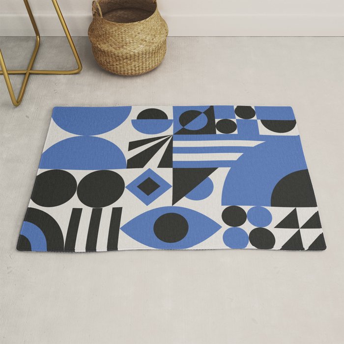Bauhaus Mid Century Abstract Shapes black and blue  Rug Gallery Image 1