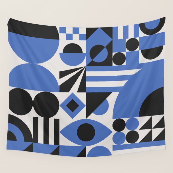 Bauhaus Mid Century Abstract Shapes black and blue  Wall Tapestry Gallery Image 1