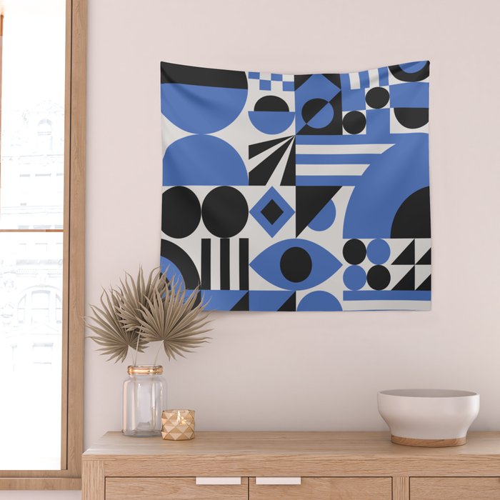 Bauhaus Mid Century Abstract Shapes black and blue  Wall Tapestry Gallery Image 2
