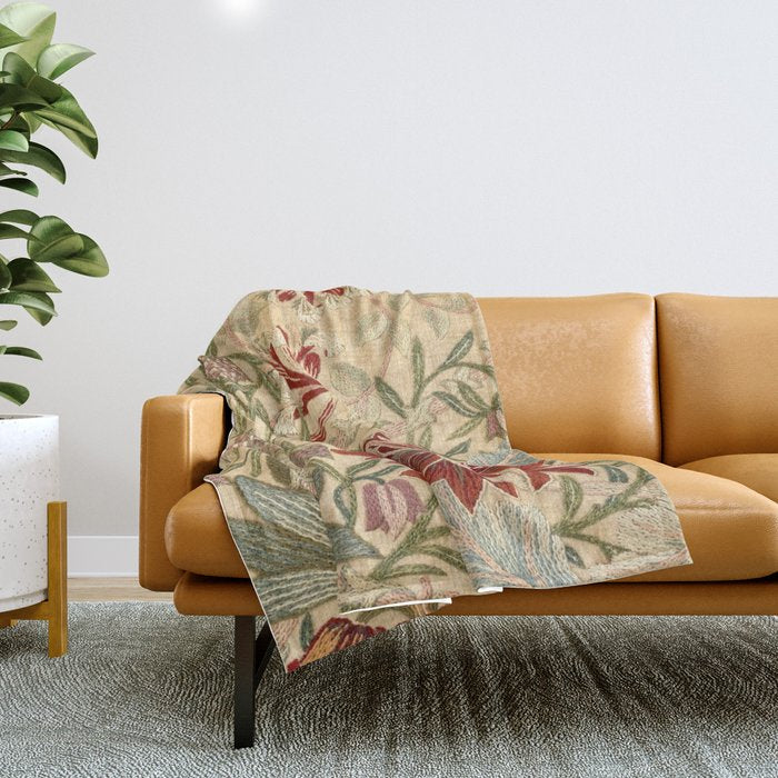 William Morris Antique Honeysuckle Embroidery Throw Blanket Gallery Image 1
