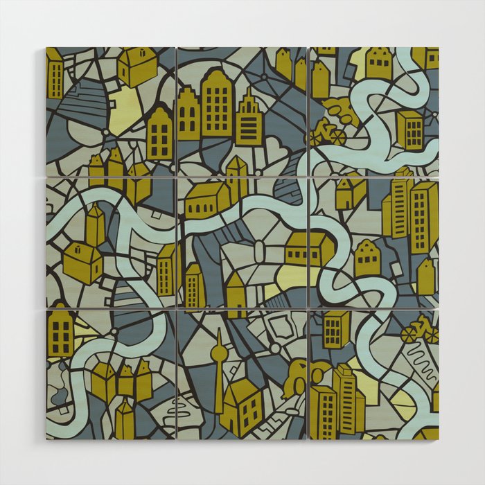 City life map moonless night Wood Wall Art Gallery Image 1