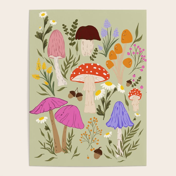 Colourful mushrooms, flowers and berries illustration  Poster Gallery Image 4