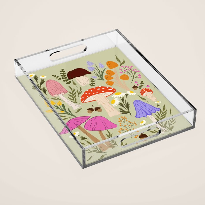 Colourful mushrooms, flowers and berries illustration  Acrylic Tray Gallery Image 1