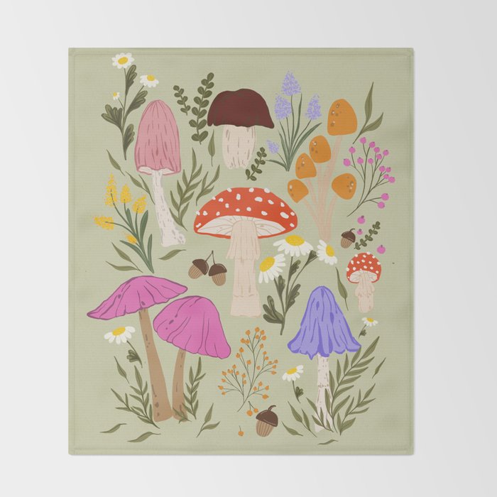 Colourful mushrooms, flowers and berries illustration  Throw Blanket Gallery Image 2
