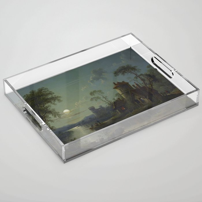 Moonlight River Cottage Antique Painting Acrylic Tray Gallery Image 1