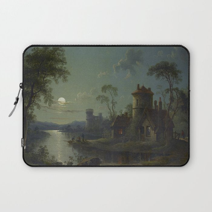 Moonlight River Cottage Antique Painting Laptop Sleeve Gallery Image 1