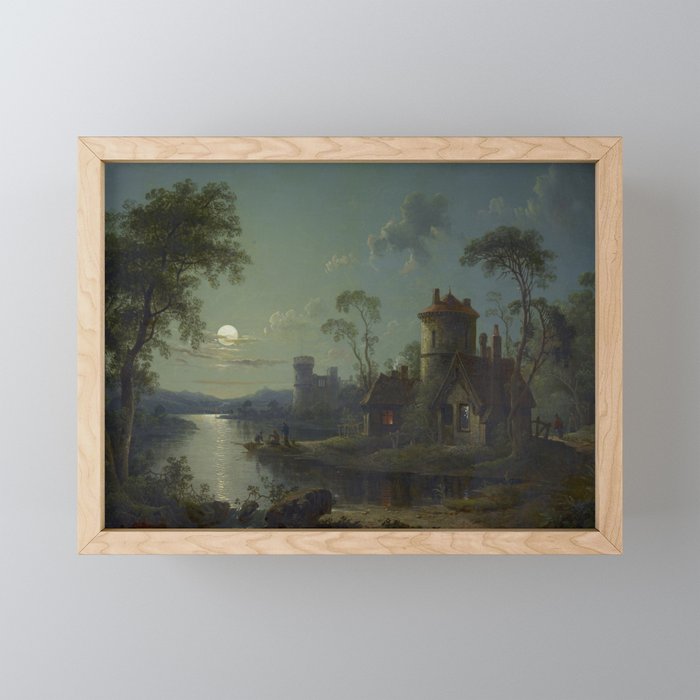 Moonlight River Cottage Antique Painting Mini Art Print Gallery Image 1