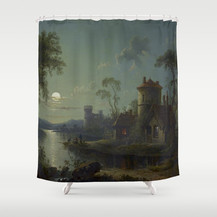 Moonlight River Cottage Antique Painting Shower Curtain Gallery Image 1