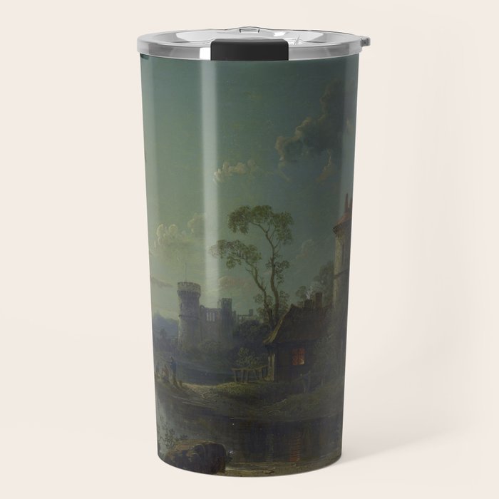 Moonlight River Cottage Antique Painting Travel Mug Gallery Image 1