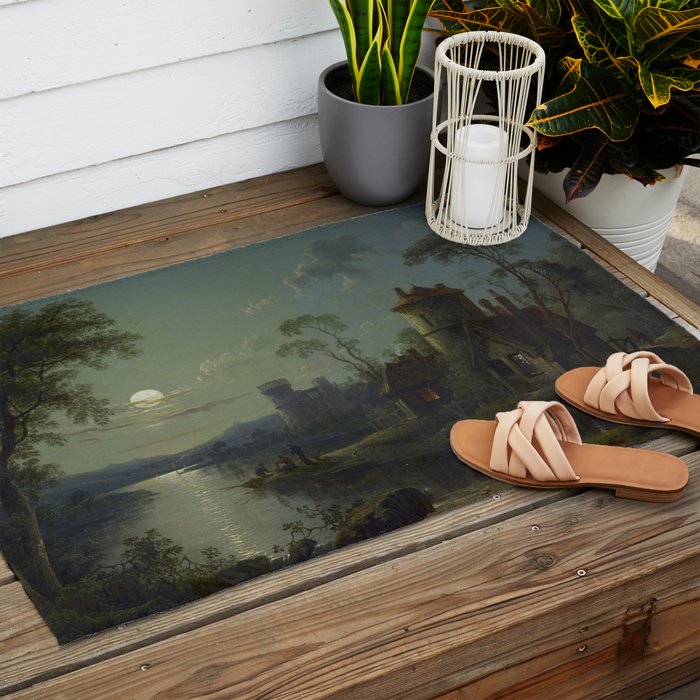 Moonlight River Cottage Antique Painting Outdoor Rug Gallery Image 2