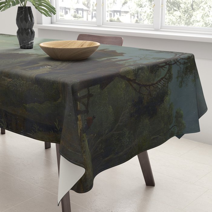 Moonlight River Cottage Antique Painting Tablecloth Gallery Image 3