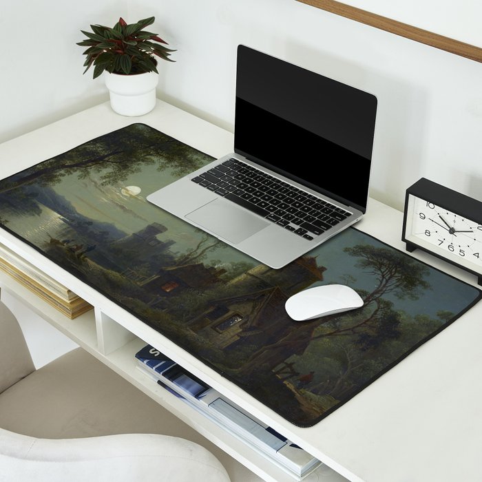 Moonlight River Cottage Antique Painting Desk Mat Gallery Image 2