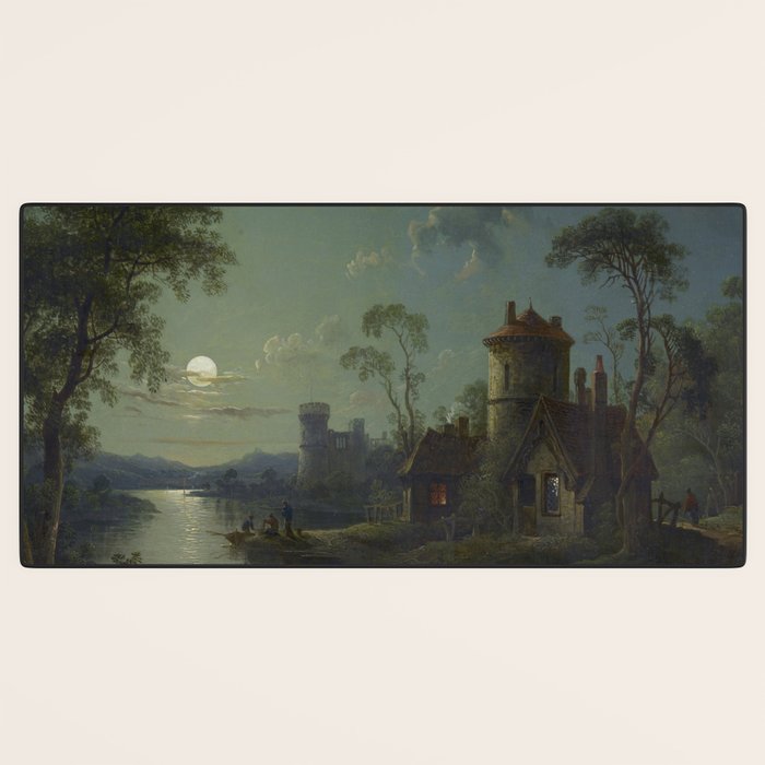 Moonlight River Cottage Antique Painting Desk Mat Gallery Image 3