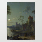 Moonlight River Cottage Antique Painting Poster Gallery Image 4
