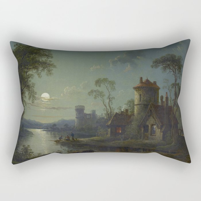 Moonlight River Cottage Antique Painting Rectangular Pillow Gallery Image 2