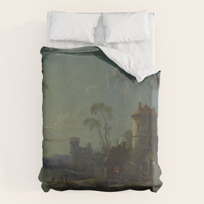 Moonlight River Cottage Antique Painting Duvet Cover Gallery Image 1