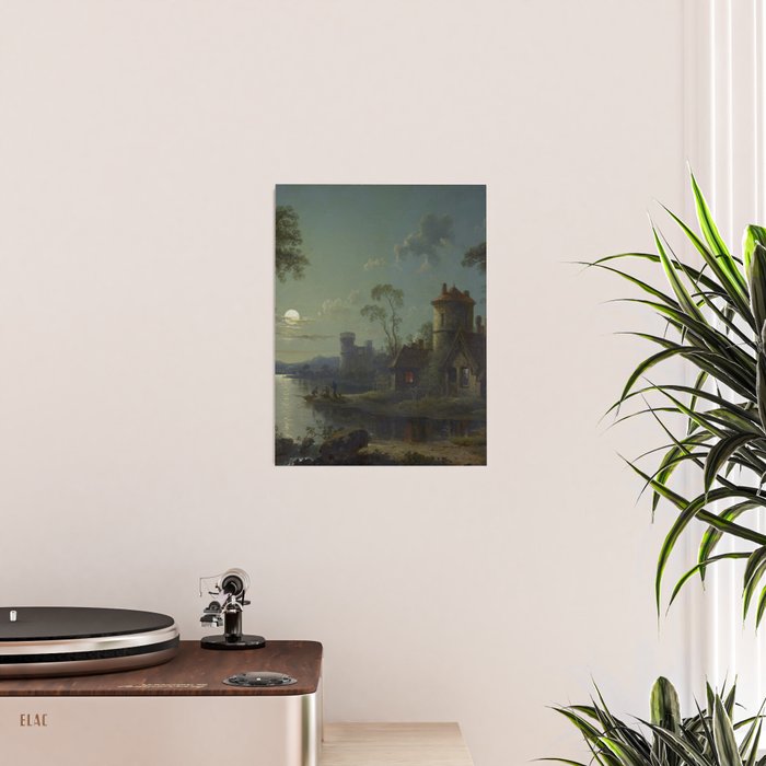 Moonlight River Cottage Antique Painting Poster Gallery Image 2