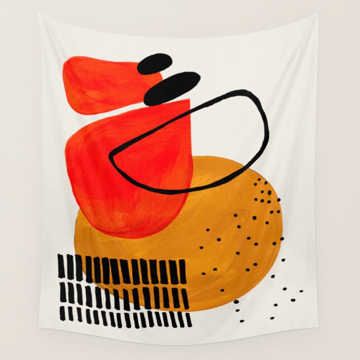 Mid Century Modern Abstract Colorful Art Yellow Ball Orange Shapes Orbit Black Pattern Wall Tapestry Gallery Image 4