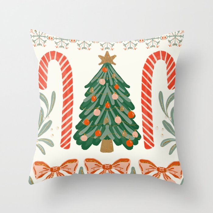 Festive Christmas Elements  Candy Cane  Tree and Bows Holiday Design Throw Pillow Gallery Image 1