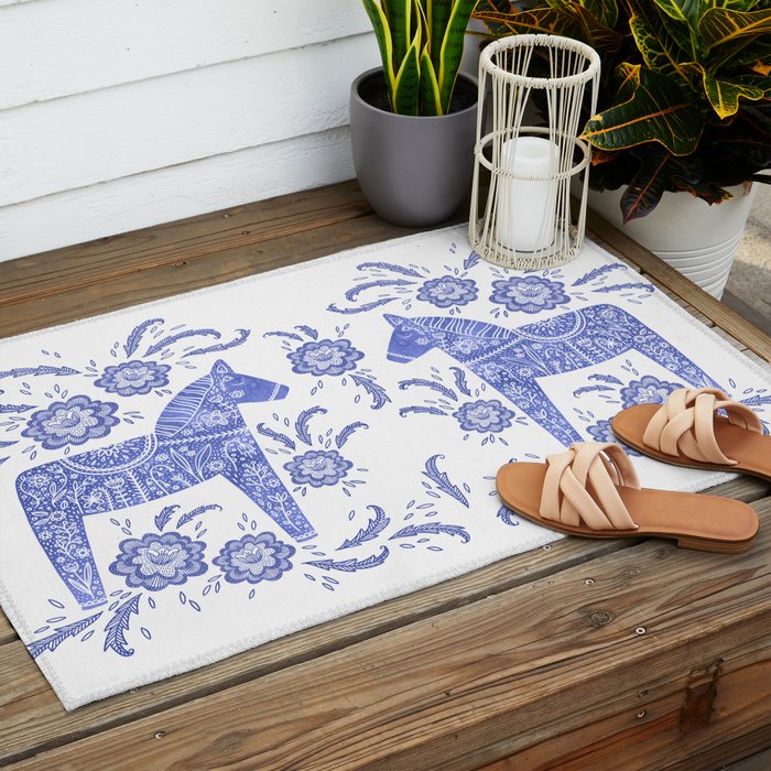 Swedish Dala Horse Blue Outdoor Rug Gallery Image 2