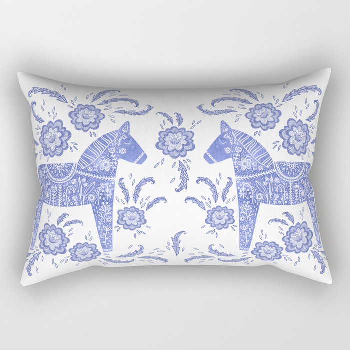Swedish Dala Horse Blue Rectangular Pillow Gallery Image 2