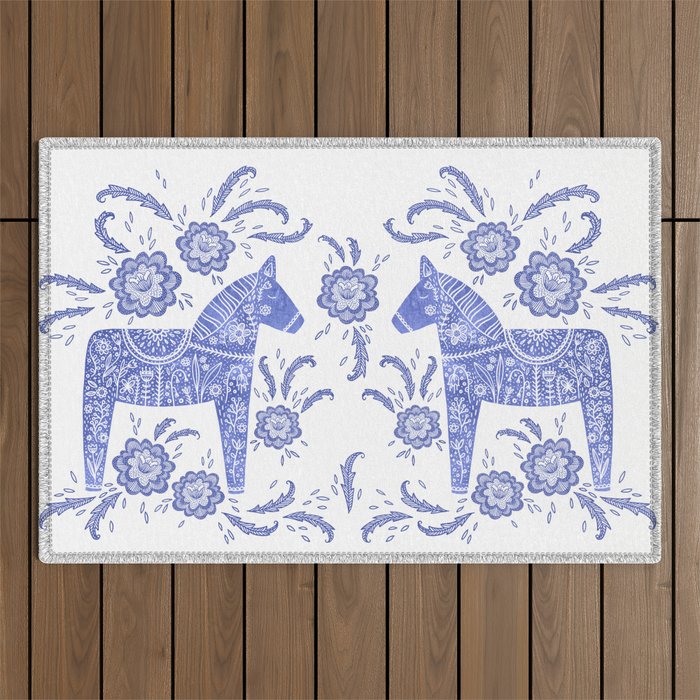 Swedish Dala Horse Blue Outdoor Rug Gallery Image 1