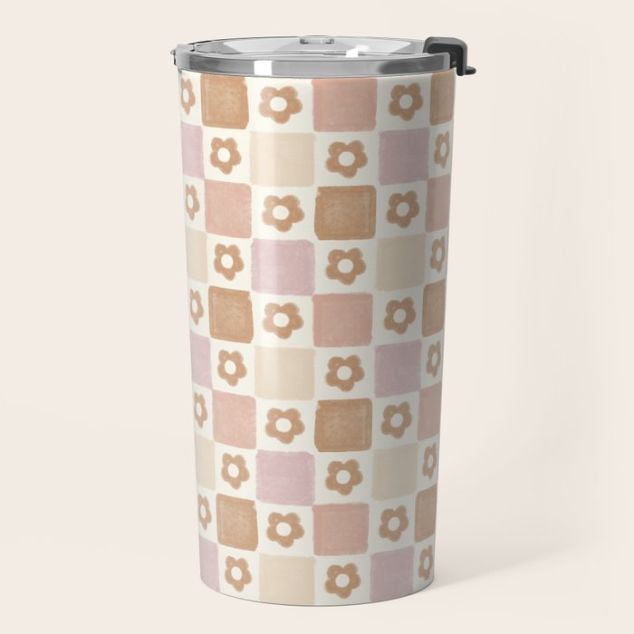 Checkered Floral - Pink Brown Beige Travel Mug Gallery Image 2