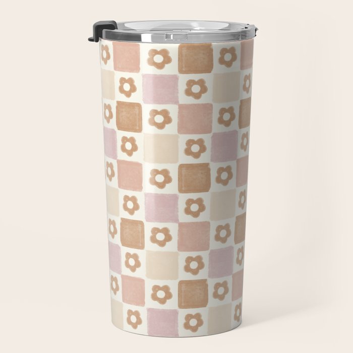 Checkered Floral - Pink Brown Beige Travel Mug Gallery Image 3