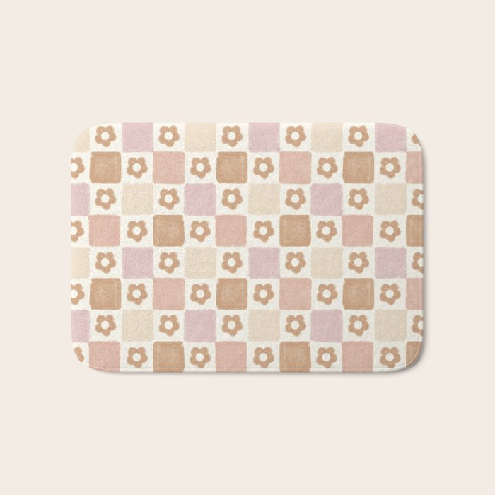 Checkered Floral - Pink Brown Beige Bath Mat Gallery Image 1