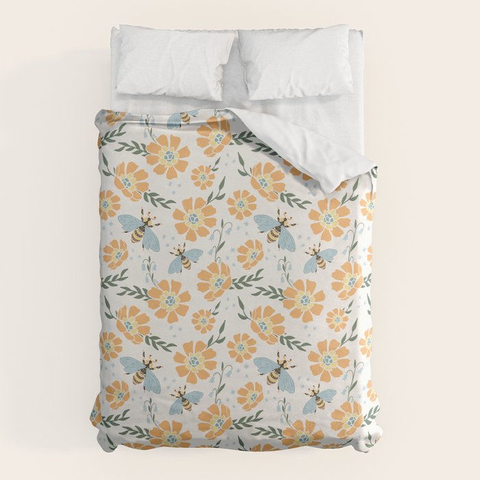 Honey Bees and Orange Flowers Duvet Cover Gallery Image 1