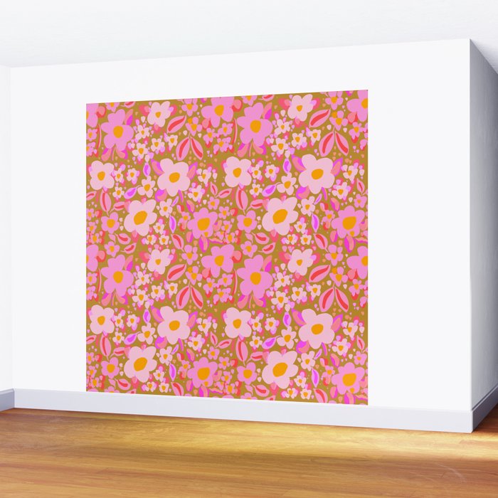 Retro vintage pink daisies pattern  Wall Mural Gallery Image 2