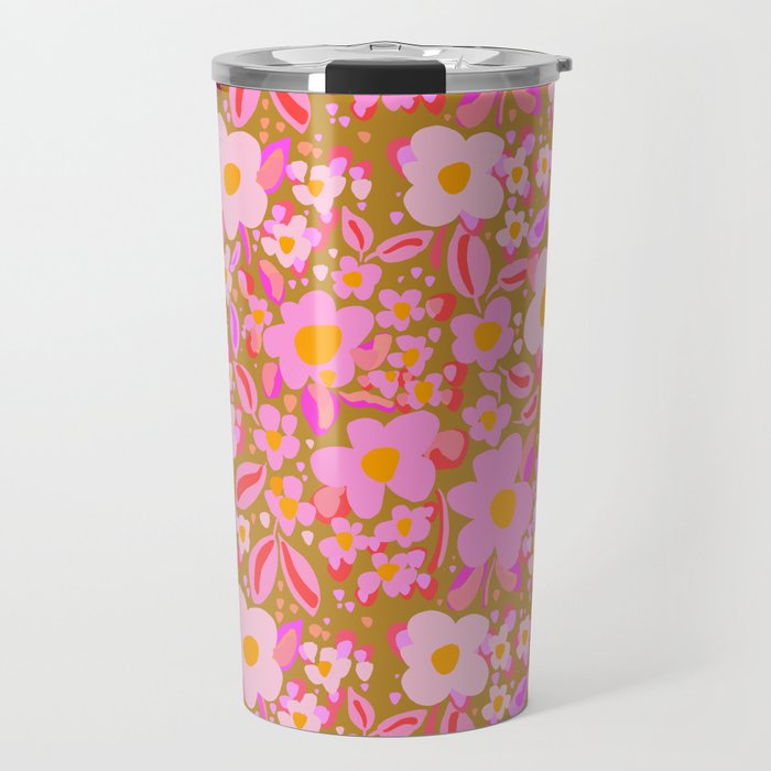 Retro vintage pink daisies pattern  Travel Mug Gallery Image 1