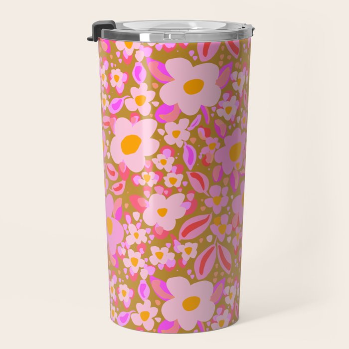Retro vintage pink daisies pattern  Travel Mug Gallery Image 3