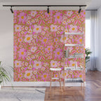 Retro vintage pink daisies pattern  Wall Mural Gallery Image 1
