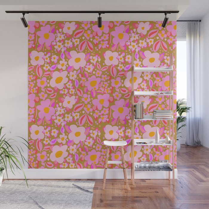 Retro vintage pink daisies pattern  Wall Mural Gallery Image 1