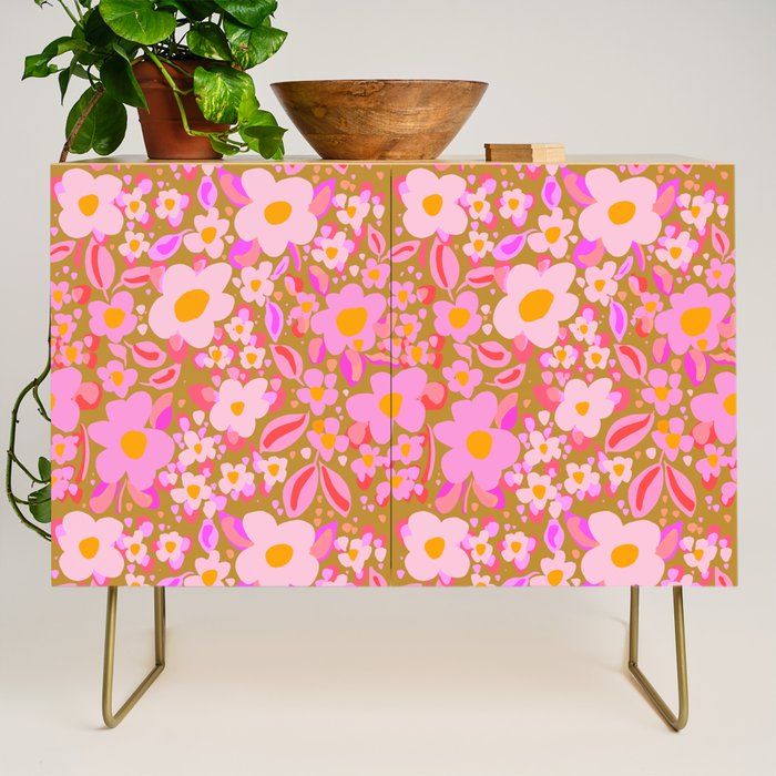 Retro vintage pink daisies pattern  Credenza Gallery Image 1